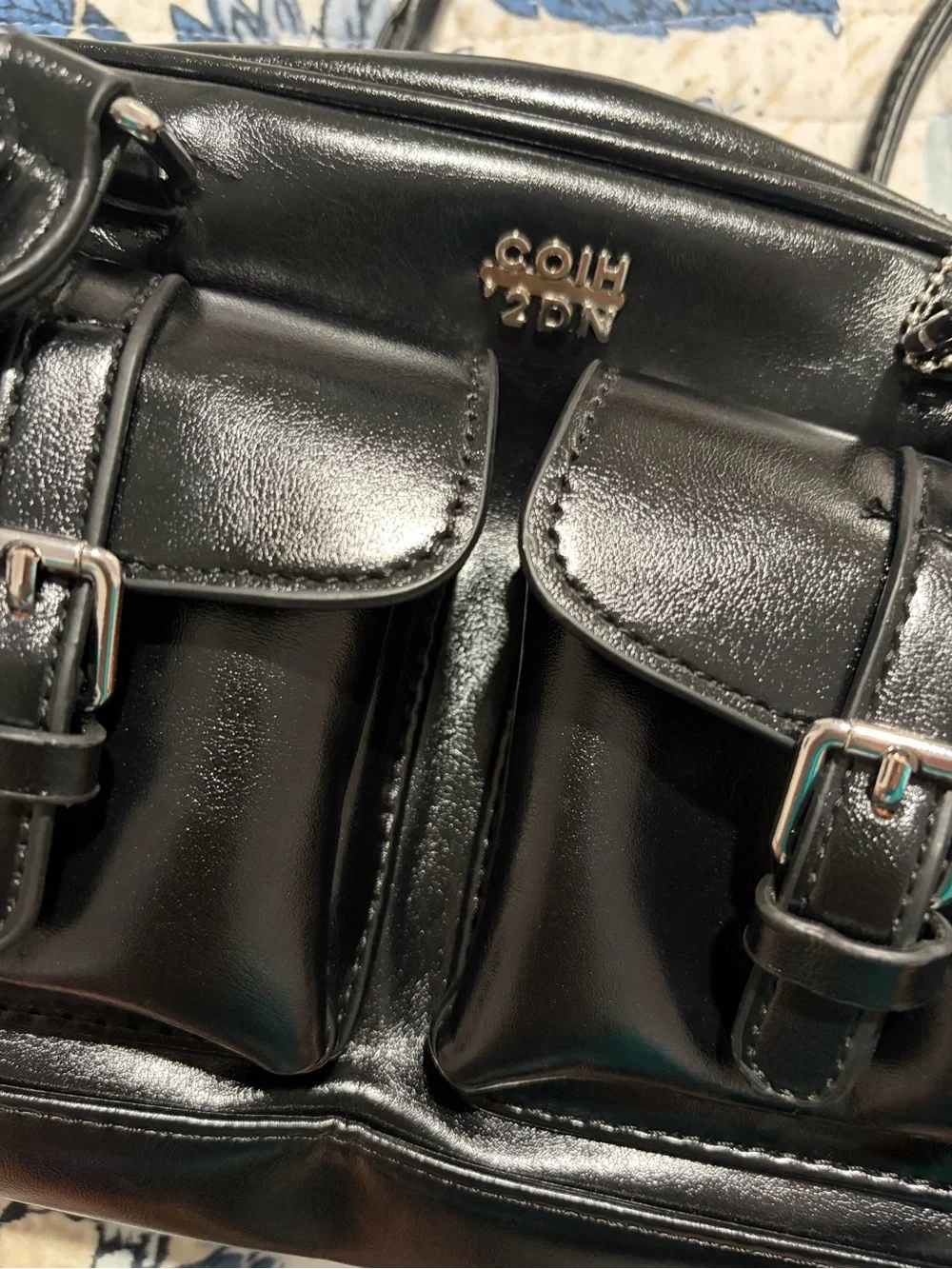Patent Black Double-Pocket Shoulder Bag